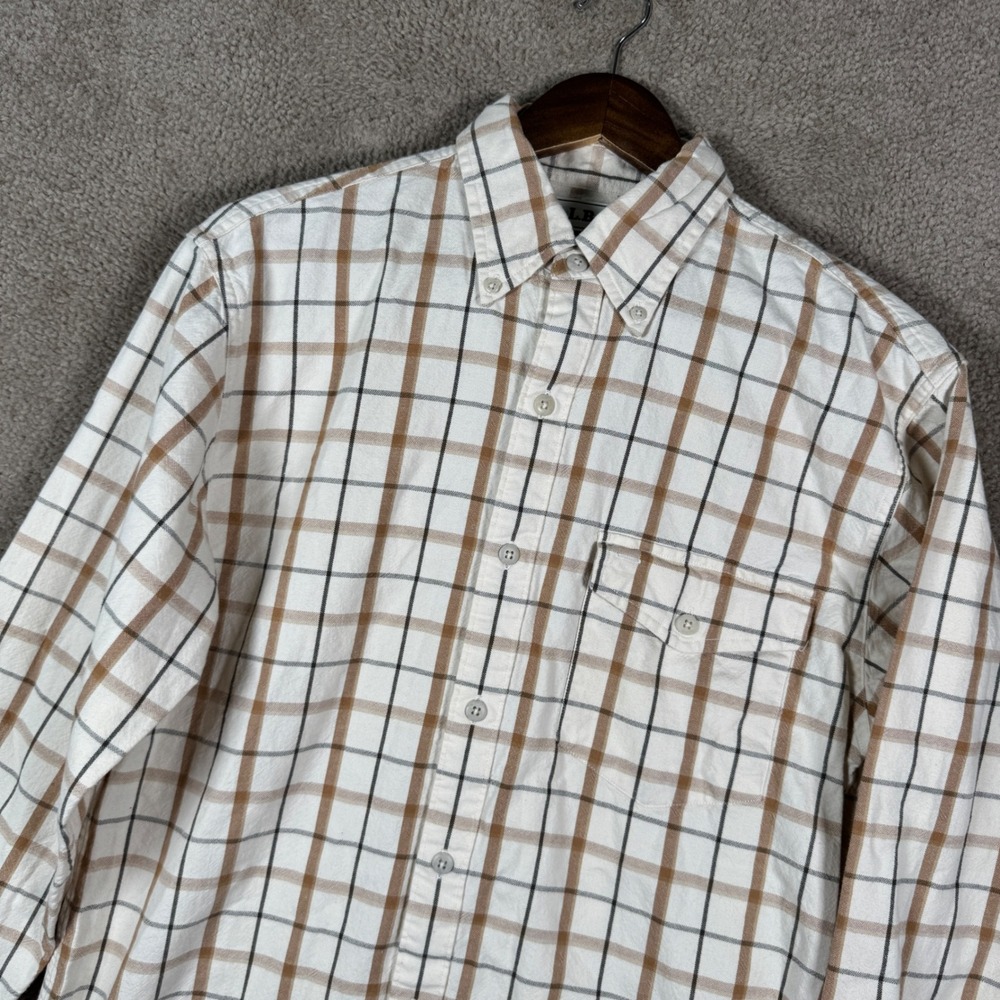 L.L. Bean Button Down Shirt Mens Small Brown Cream Plaid Brushed Cotton Casual
